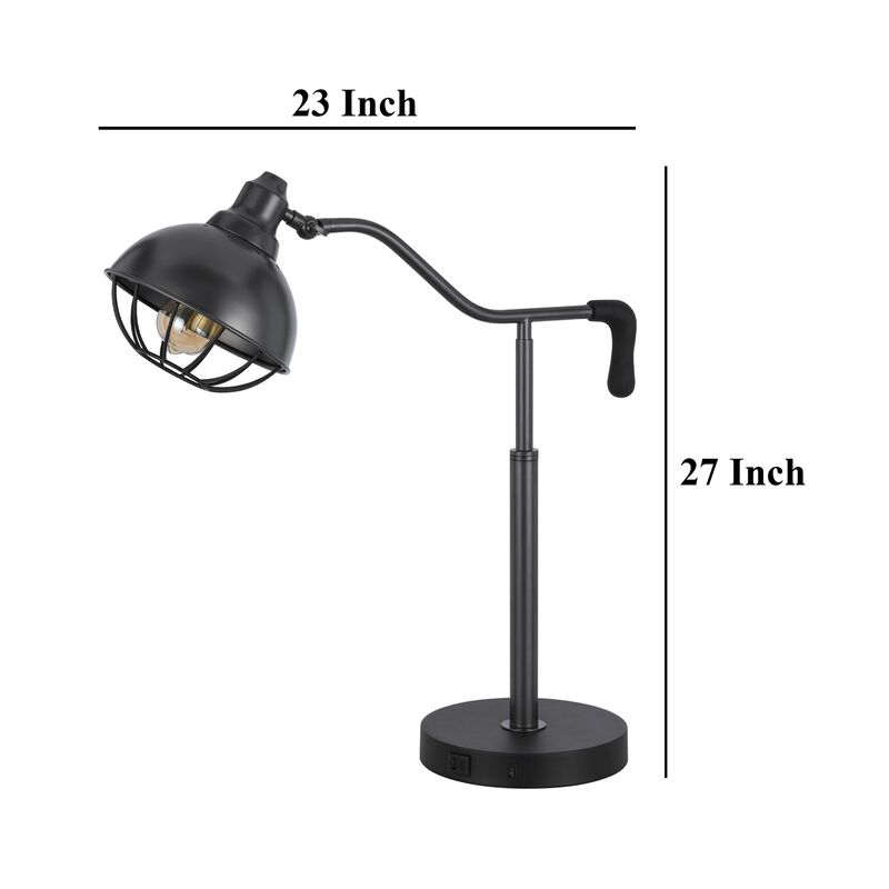Loga 27 Inch Desk Lamp w Adjustable Cage Style Shade, Black Iron - Benzara