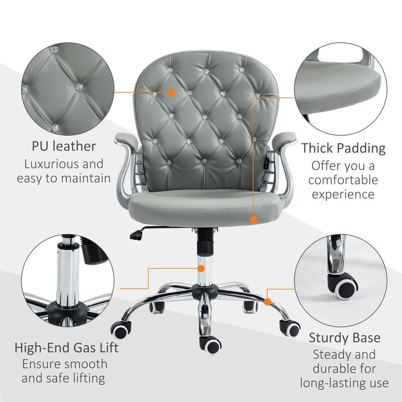 Gray PU Leather Desk Chair: Tufted, Padded Arms, Adjustable