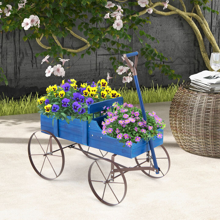 Wooden Wagon Plant Bed With Wheel for Garden Yard