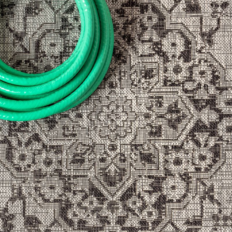 Rozetta Boho Medallion Textured Weave Gray/Black. Indoor/Outdoor Runner Rug