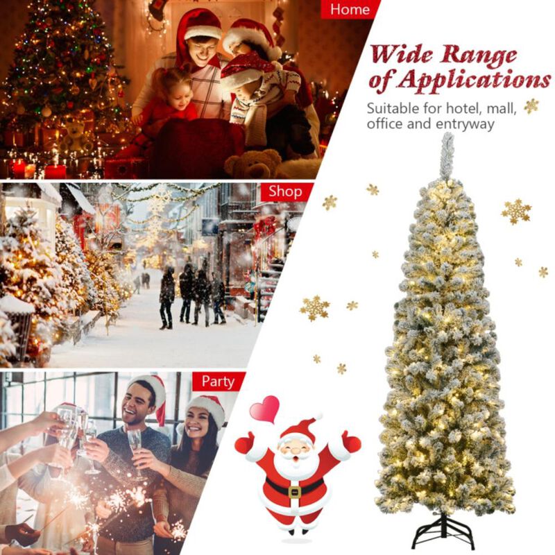 Hivvago 6 Feet Pre-lit Snow Flocked Artificial Pencil Christmas Tree with 250 LED Lights