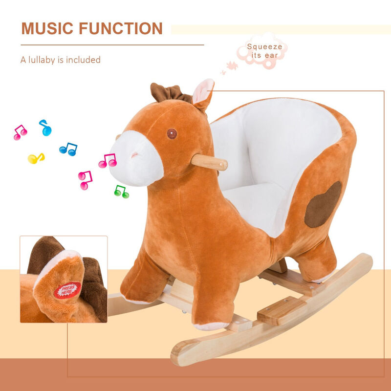 Brown/White Musical Mount: Wooden Plush Rocking Horse for Toddlers