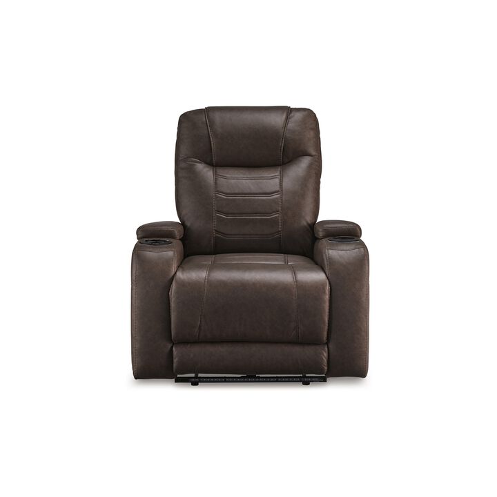 Scon Power Recliner Chair, 37 Inch, LED Light, Brown Faux Leather - Benzara
