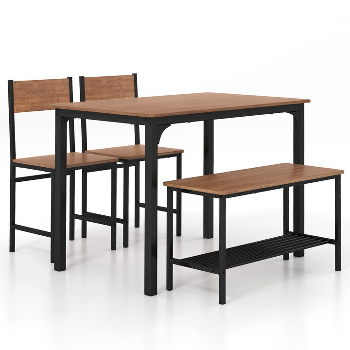 4 Pieces Rustic Dining Table Set with 2 Chairs and Bench