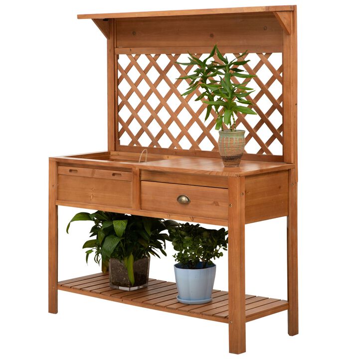 Garden Workstation: Wooden Potting Bench with Metal Screen and Storage