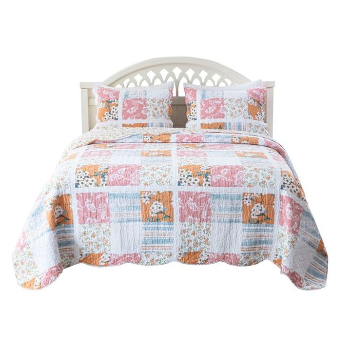 Vanie 3pc King Quilt Set, Pillow Shams, Scalloped, Blue White Pink Cotton