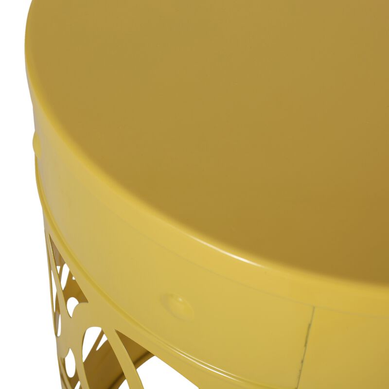 Kemo Outdoor End Table, Round 14 Inch, Cutout Design, Yellow Frame - Benzara