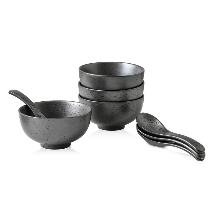 Stone Lain Valencia Porcelain Serving Bowl and Spoon Set 8 Piece , Metallic Grey