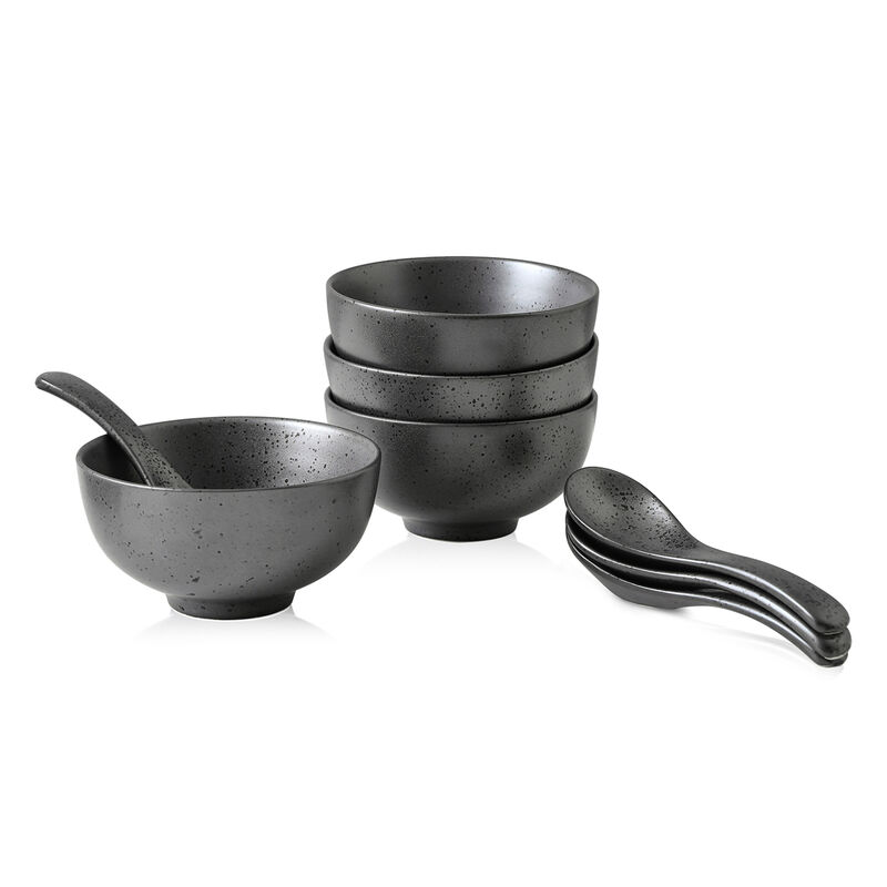 Stone Lain Valencia Porcelain Serving Bowl and Spoon Set 8 Piece , Metallic Grey