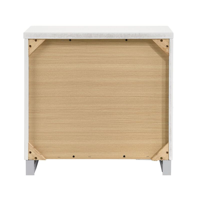 Wooden Nightstand with 2 Drawers and Chrome Metal Legs, White-Benzara