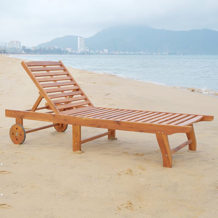 Teak Poolside Lounger: Folding Wooden Chaise with Wheels & Recliner