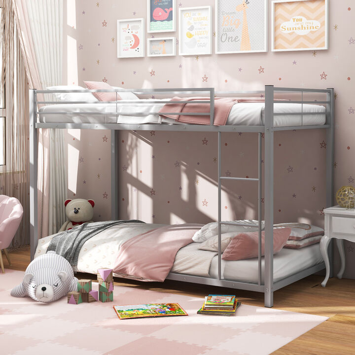 Low Profile Twin Over Twin Metal Bunk Bed with Full-Length Guardrails for Kids Room