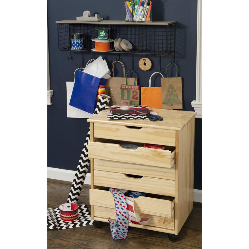 Linon Cary Six Drawer Wide Roll Cart, Natural