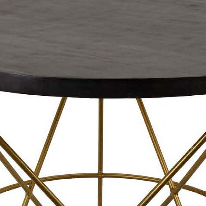 23 Inch Plant Stand Table, Round Top, Modern Gold Geometric Frame, Black - Benzara