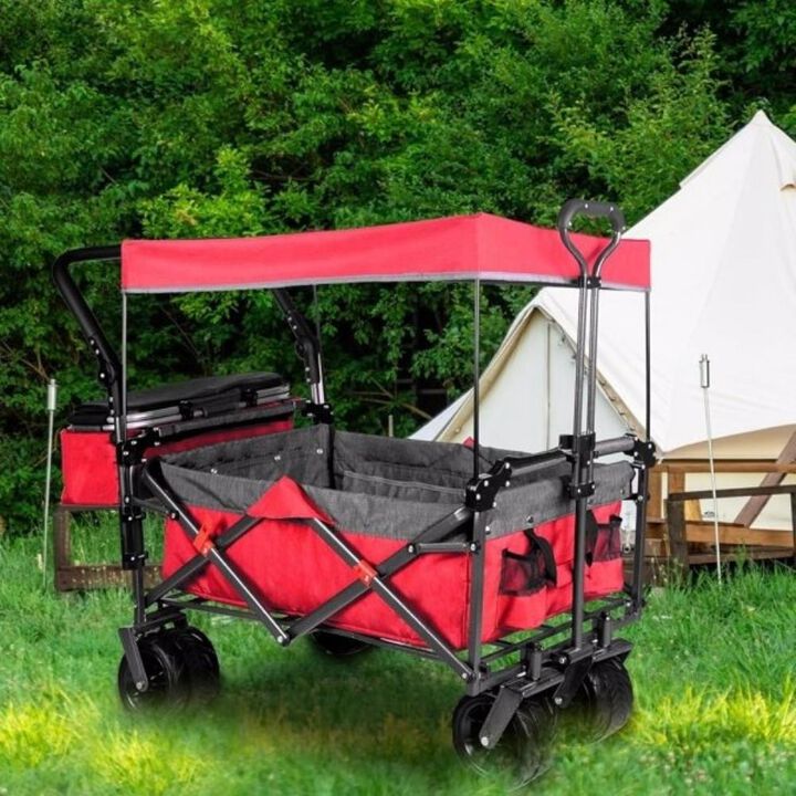 Collapsible Heavy Duty Wagon Cart, Folding Outdoor Cart with Removable Canopy for Beach & Camping