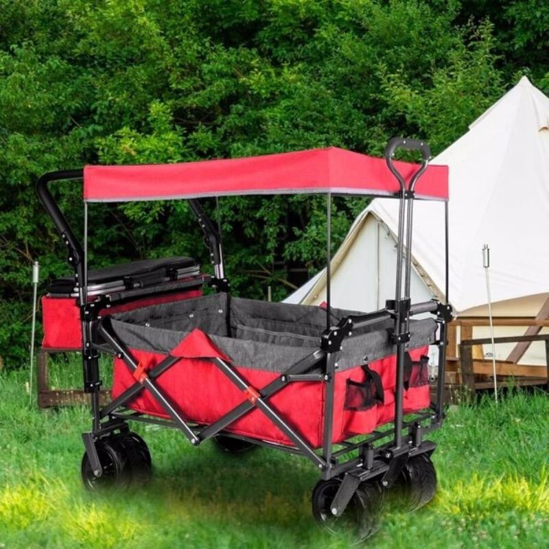 Collapsible Heavy Duty Wagon Cart, Folding Outdoor Cart with Removable Canopy for Beach & Camping