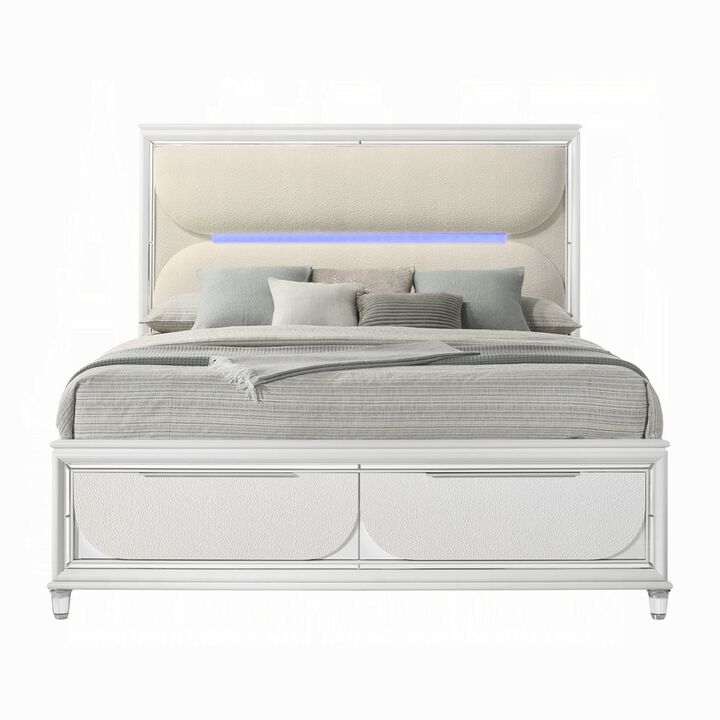 Rara King Size Bed, 2 Storage Drawers, LED, White Boucle Upholstery - Benzara