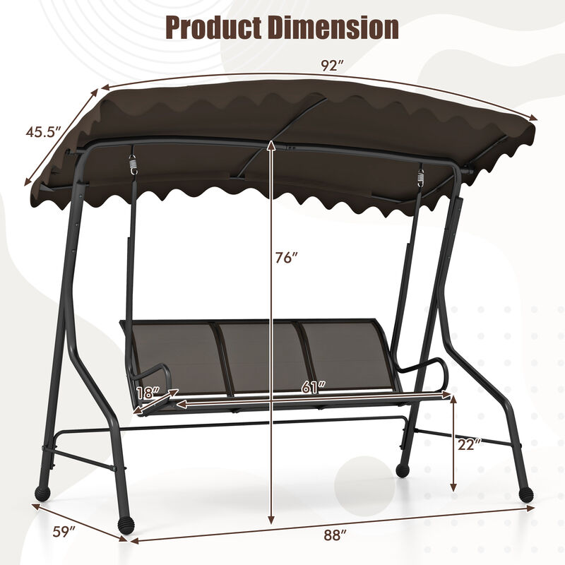 3-Seat Outdoor Porch Canopy Swing with Adjustable Shade – Comfortable Patio Swing Chair