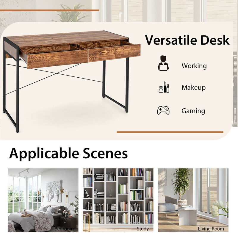 Costway Computer Desk Metal Frame Study Table Home Office Workstation w/2 Drawers Black