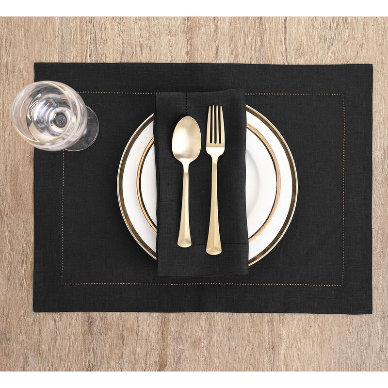 Solino Home 100% Pure Linen Placemats Set of 4 - 14 x 19 Inch | Classic Hemstitch