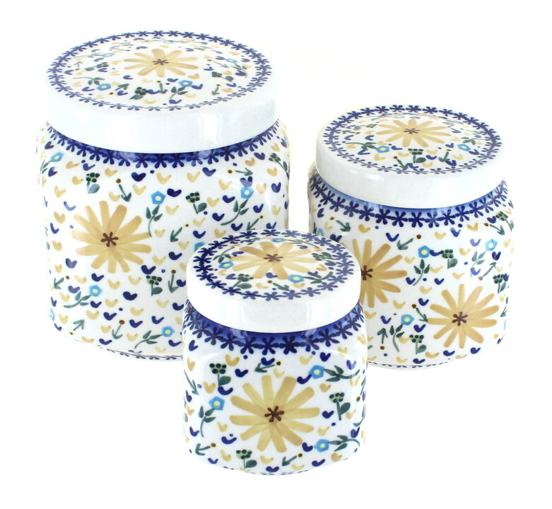 Blue Rose Polish Pottery Yellow Daisy 3 Piece Canister Set