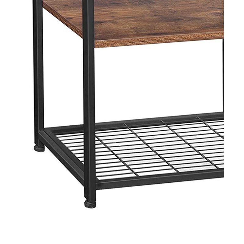 2 Mesh Basket and 6 Hooks Wood and Metal Frame Bakers Rack, Brown and Black - Benzara