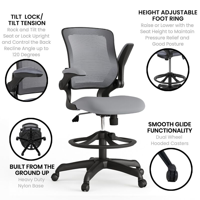 Flash Furniture Kale Mid-Back Dark Gray Mesh Ergonomic Drafting Chair | Adjustable Foot Ring, Flip-Up Arms