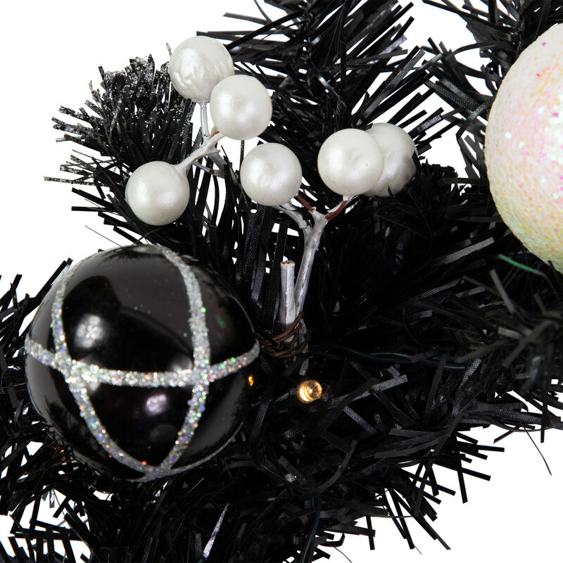 16" Pre-Lit Decorated Black Pine Artificial Christmas Wreath  Cool White LED Lights