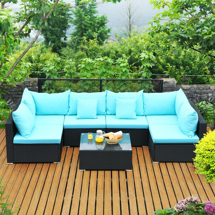 7 Pieces Sectional Wicker Furniture Sofa Set with Tempered Glass Top-Blue