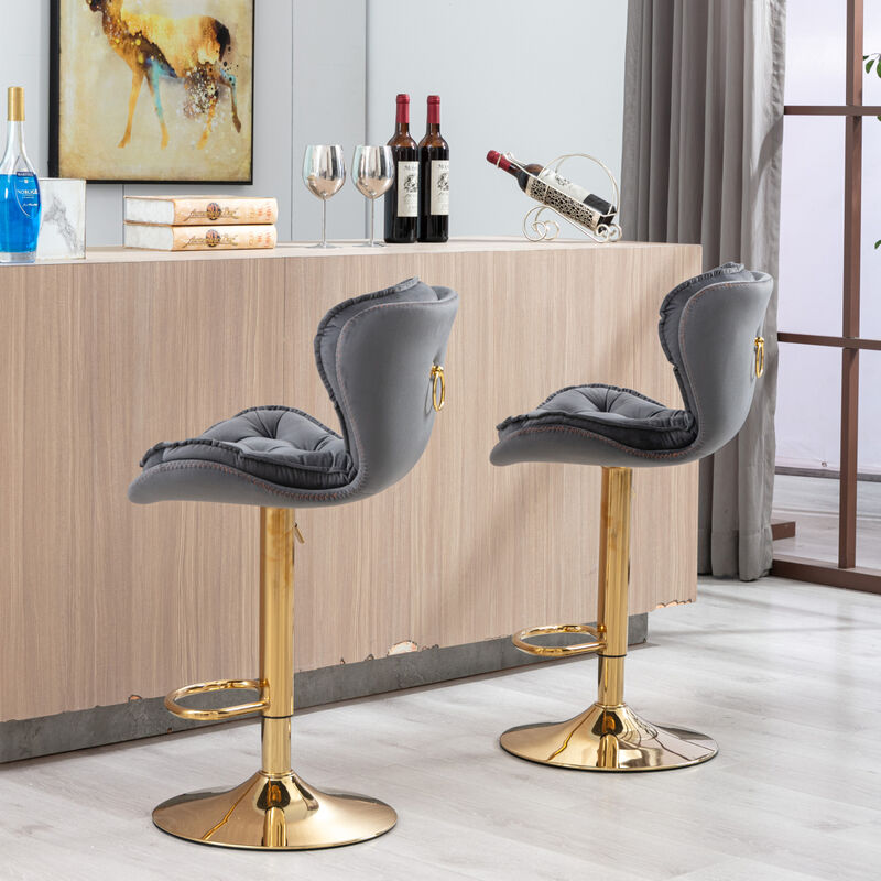 Set of 2 Bar Stools, with Chrome Footrest and Base Swivel Height Adjustable Mechanical Lifting Velvet + Golden Leg Simple Bar Stool-gray
