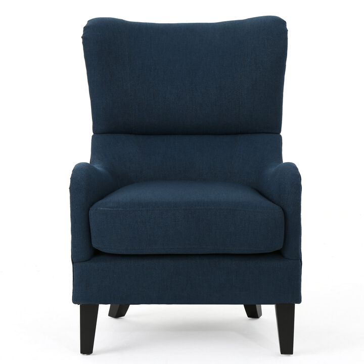 Dane Accent Club Chair, Navy Blue Fabric, Wingback, Box Seat, Scoop Arms