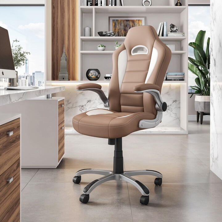 High Back Executive Sport Race Office Chair With Flip-Up Arms, Camel