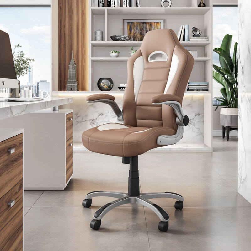 High Back Executive Sport Race Office Chair With Flip-Up Arms, Camel
