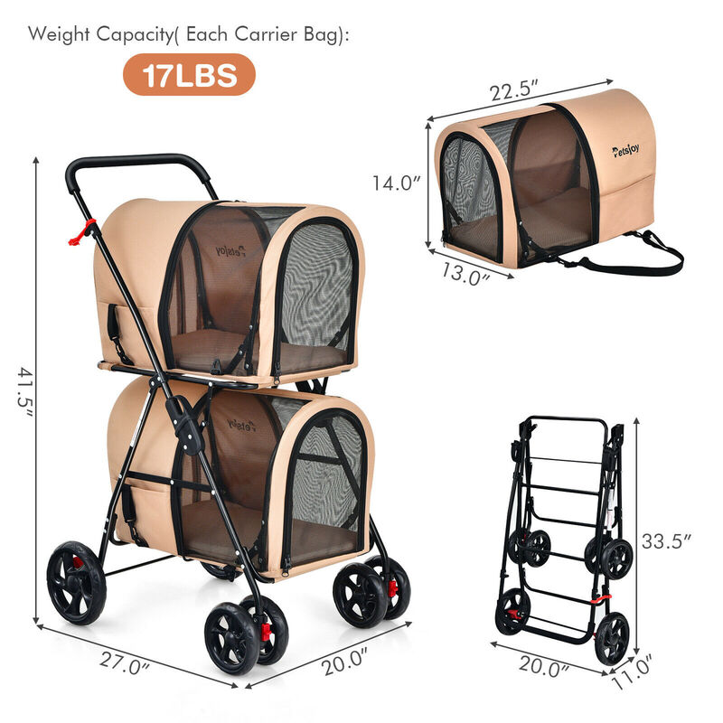 Costway 4-in-1 Double Pet Stroller w/ Detachable Carrier Travel Carriage for Cats Blue