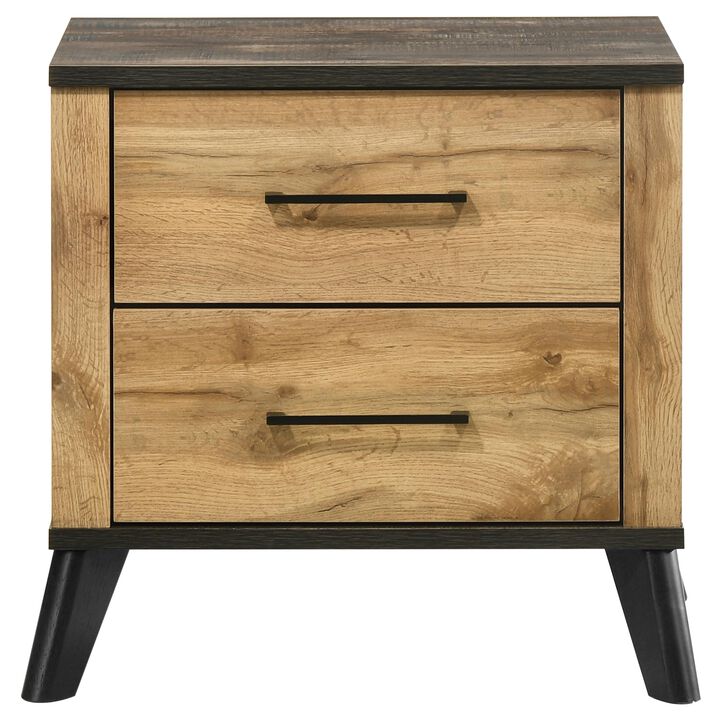 Wemy Nightstand with 2 Drawers, Metal Legs, Weathered Brown Pine Wood - Benzara
