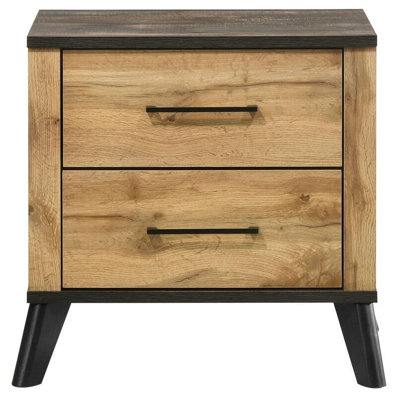 Wemy Nightstand with 2 Drawers, Metal Legs, Weathered Brown Pine Wood - Benzara