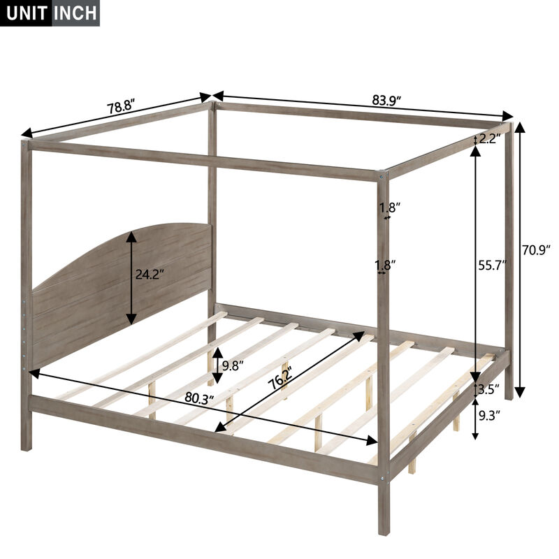 King Size Canopy Platform Bed With Headboard And Support Legs, Wash