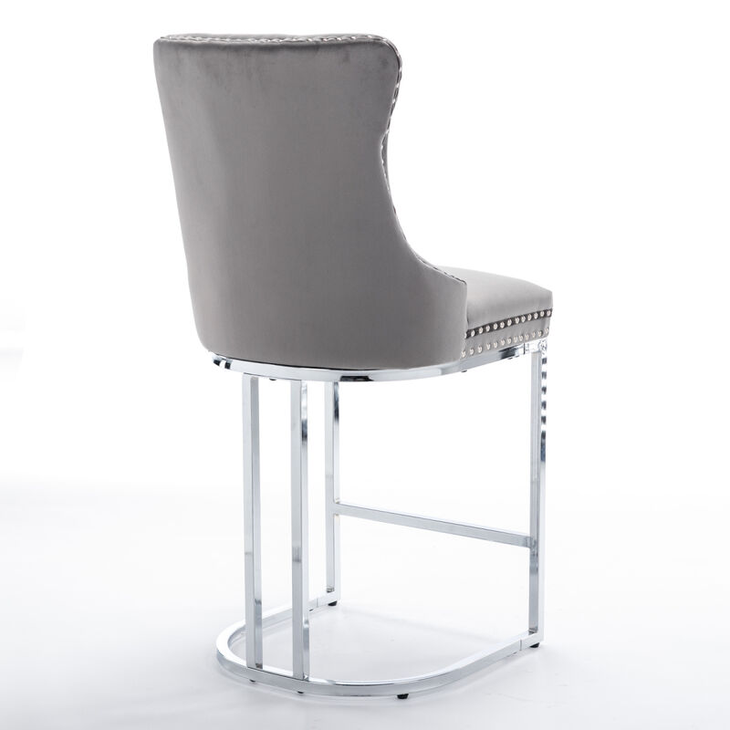 Modern Gray Velvet Bar Stools Set Of 2
