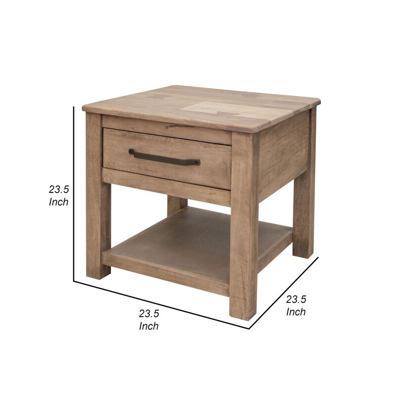Benjara Umey 23 Inch Side End Table, 1 Drawer, Lower Shelf, Natural Wood, Brown and Black