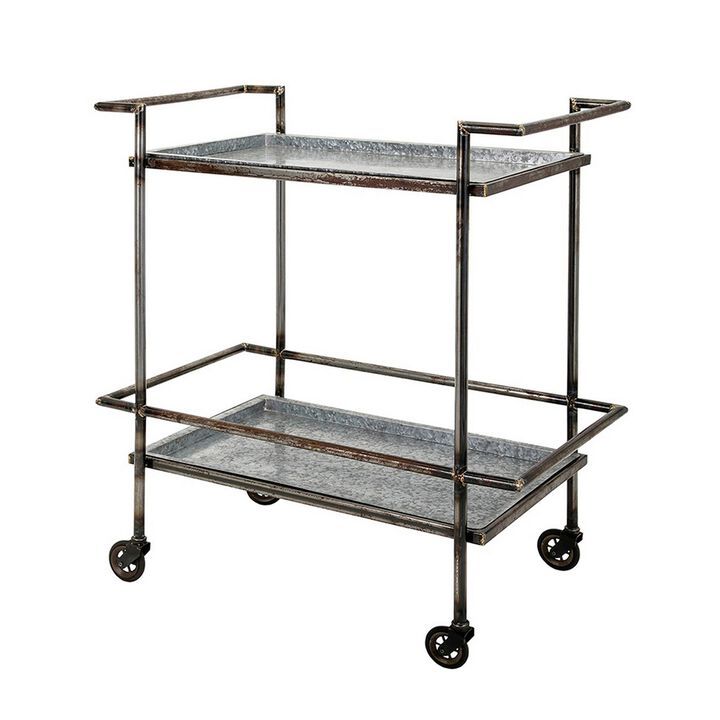 35 Inch 2 Tier Bar Cart, Industrial Style, Caster Wheels, Rustic Bronze - Benzara