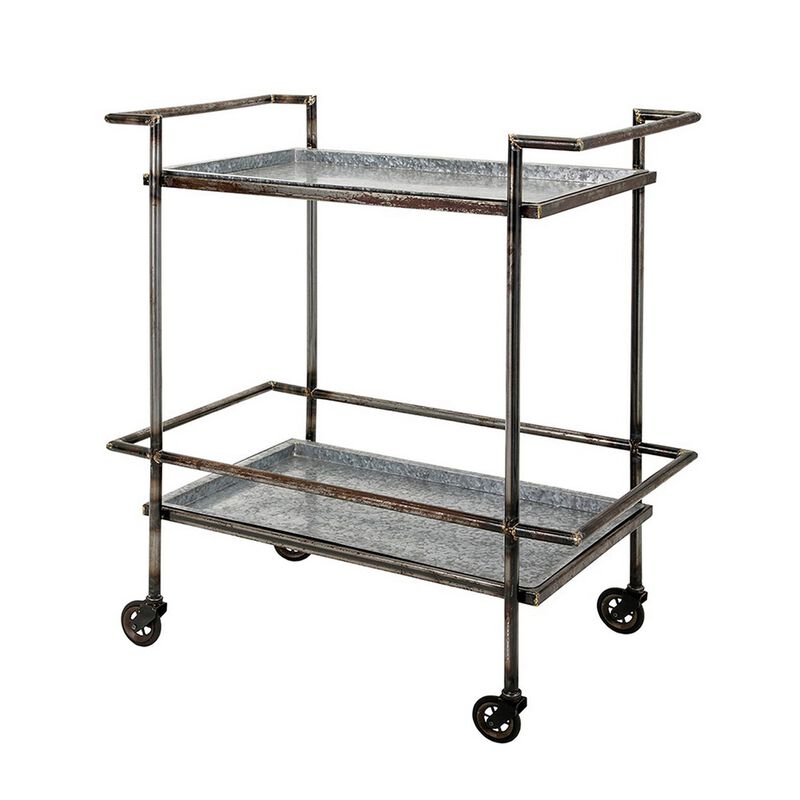 35 Inch 2 Tier Bar Cart, Industrial Style, Caster Wheels, Rustic Bronze - Benzara