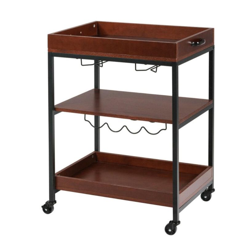 Hivvago 3 Tiers Kitchen Island Serving Bar Cart with Glasses Holder and Wine Bottle Rack
