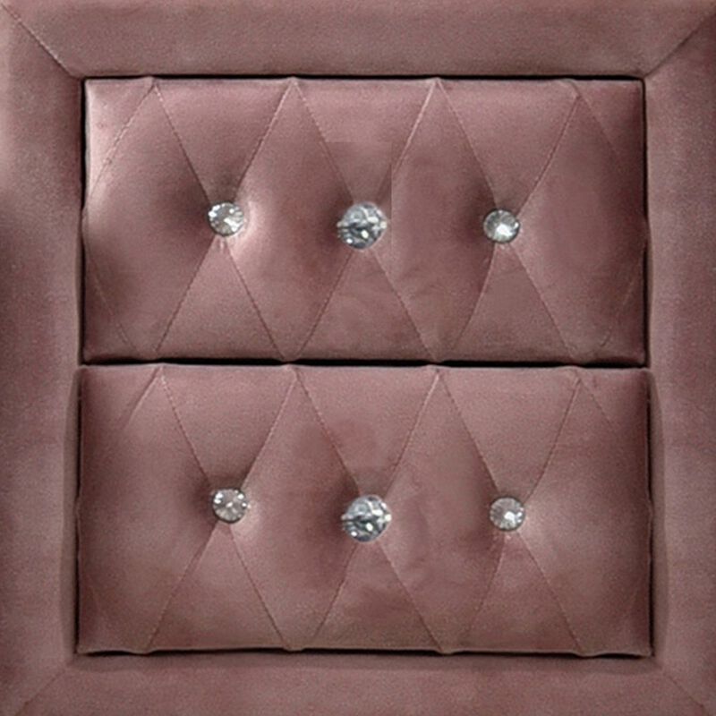 Rex 17 Inch Modern Upholstered Nightstand, 2 Drawer, Crystal Handles, Pink-Benzara