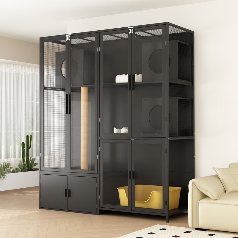 FUFU&GAGA 3-Level Cat Tower with Jumping Platform, Sisal Scratching Posts, Acrylic Doors & Storage Cabinet, (63" Lx 23.6"W x 74.8"H), Black