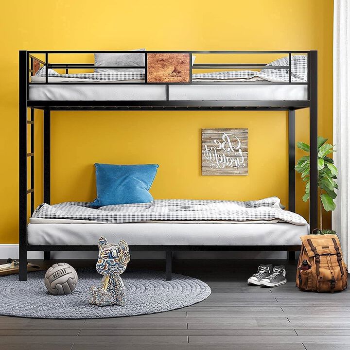 Hivvago Twin over Twin Heavy Duty Metal Bunk Bed in Black with Side Ladder
