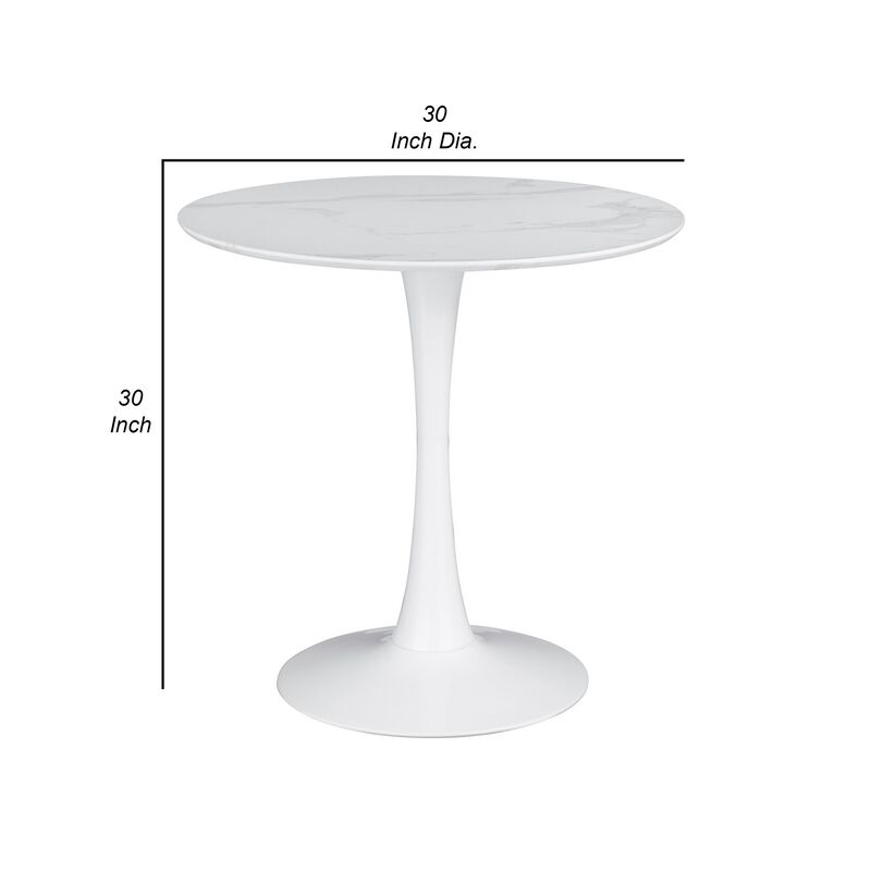 Loxi 30 Inch Round Dining Table, White Faux Marble Top, Tulip Accent Body - Benzara