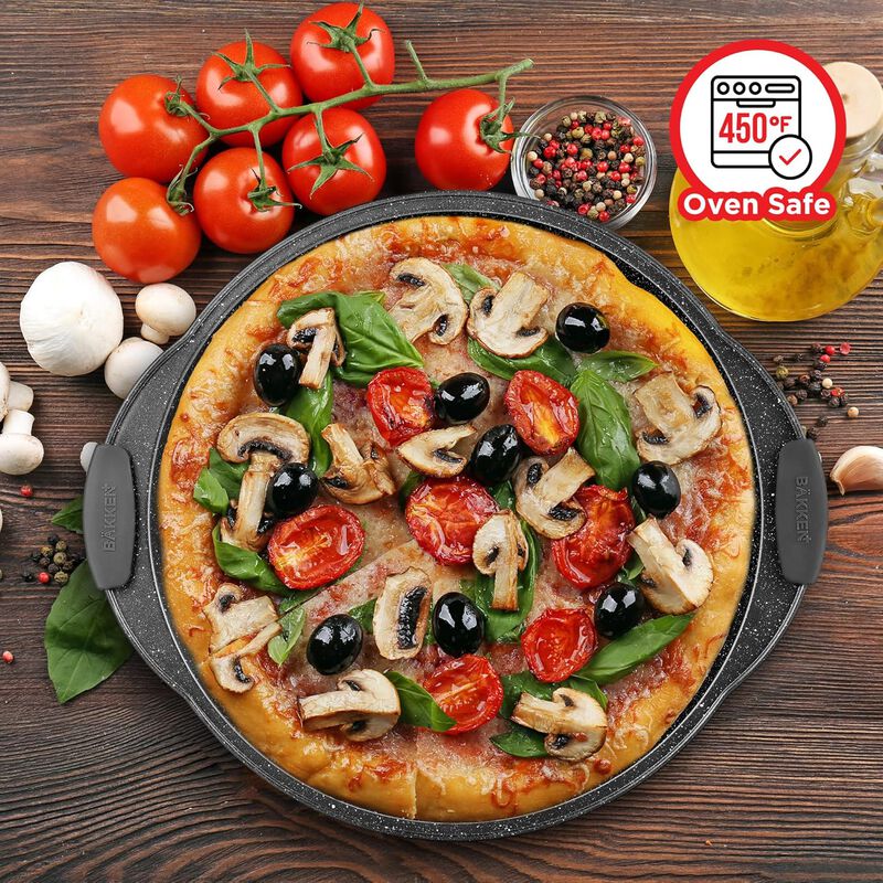 Bakken Pizza Baking Pan - Round Perforated Carbon Steel Pan with Non-Stick Marble Coating, Dishwasher Safe, High-Temperature Resistant, Durable & Easy Cleanup