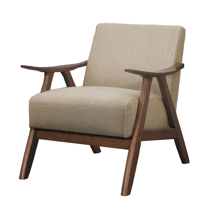 Fabric Upholstered Accent Chair with Curved Armrests, Light Brown-Benzara
