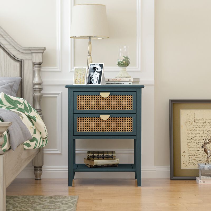 MONDAWE Nightstands with 2 Drawers, Rattan Night Stand Bedside Table End Table Standing Storage Cabinet for Entryway, Living Room, Bedroom