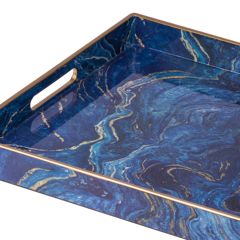 19, 18 Inch Set of 2 Modern Decorative Trays, Blue Pattern with Gold Rim-Benzara